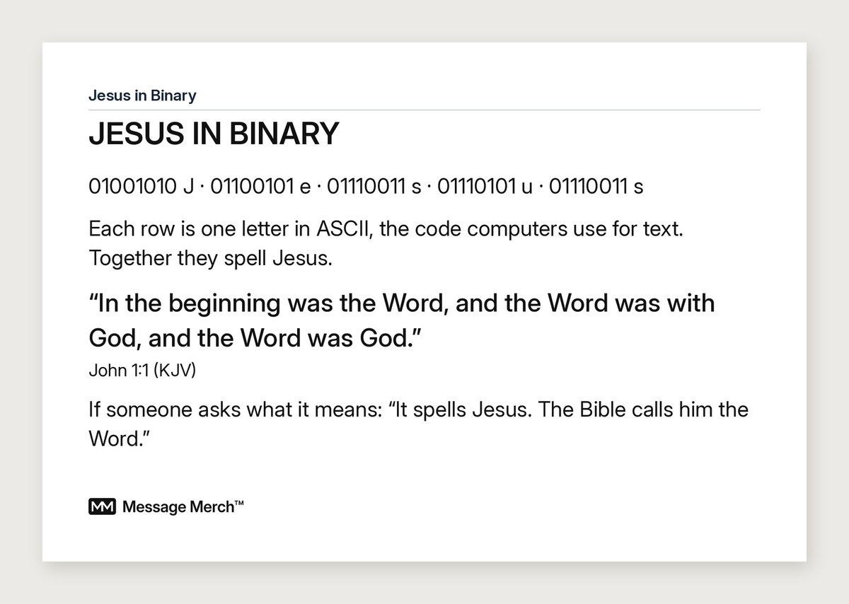 The Message Merch card that comes with every Jesus in binary order, explaining the design