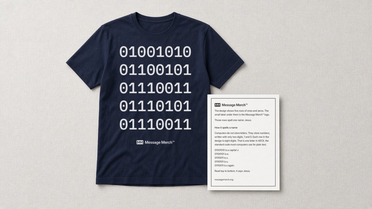 Navy shirt printed with five rows of ones and zeros that spell Jesus, with a small Message Merch logo under them, beside the Message Merch card that explains the code