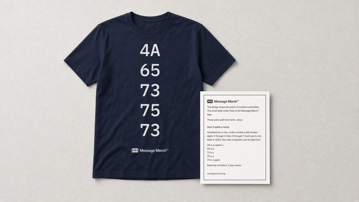 Navy shirt printed with five pairs of hex characters stacked top to bottom that spell Jesus, with the Message Merch logo under them, beside the Message Merch card that explains the code