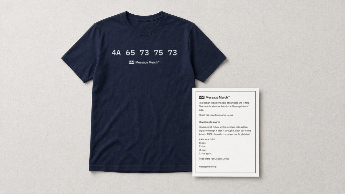 Navy shirt printed with five pairs of hex characters in one line, left to right, that spell Jesus, with the Message Merch logo under them, beside the Message Merch card that explains the code