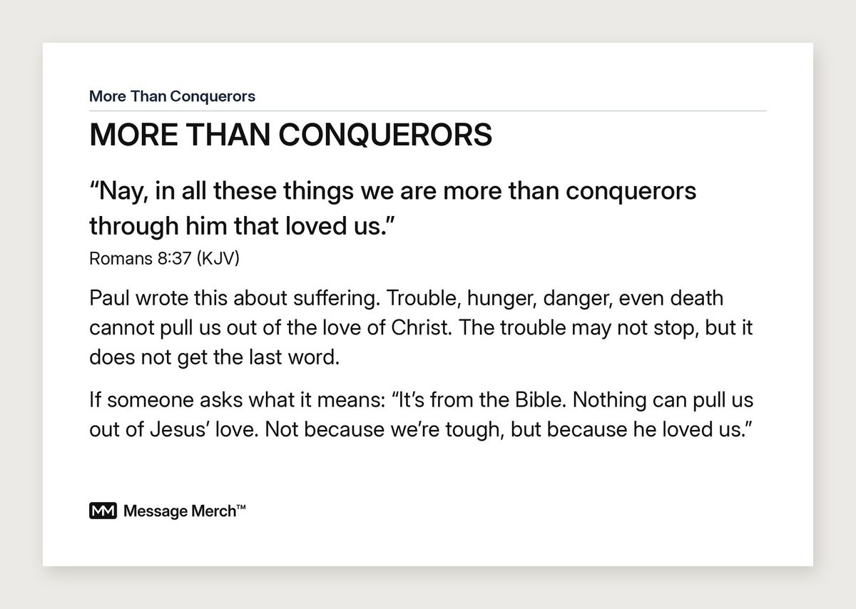The Message Merch card that comes with every more than conquerors order, explaining the design