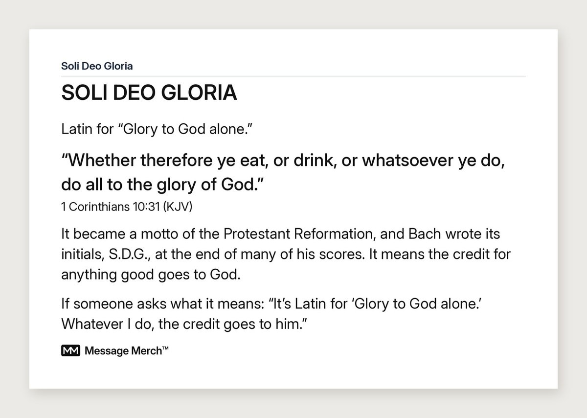 The Message Merch card that comes with every Soli Deo Gloria order, explaining the design